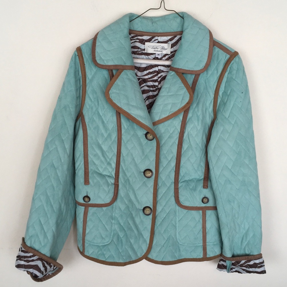 Turquoise Quilted Jacket with Brown Trim